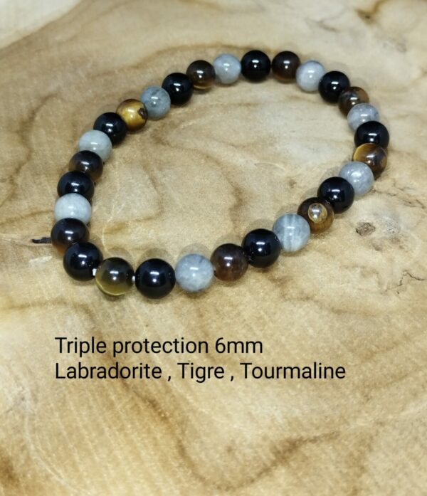 Bracelet 3 protections: Labradorite , Oeil de tigre , Tourmaline noire 6 mm AA