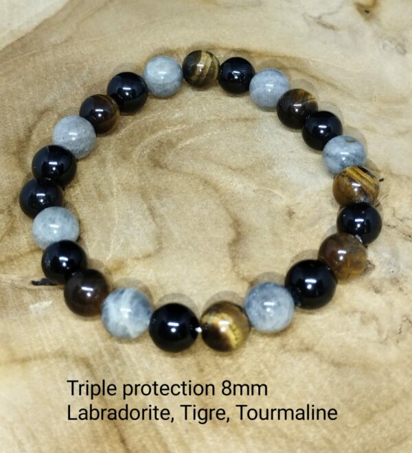 Bracelet 3 protections: Labradorite , Oeil de tigre , Tourmaline noire 8 mm AA